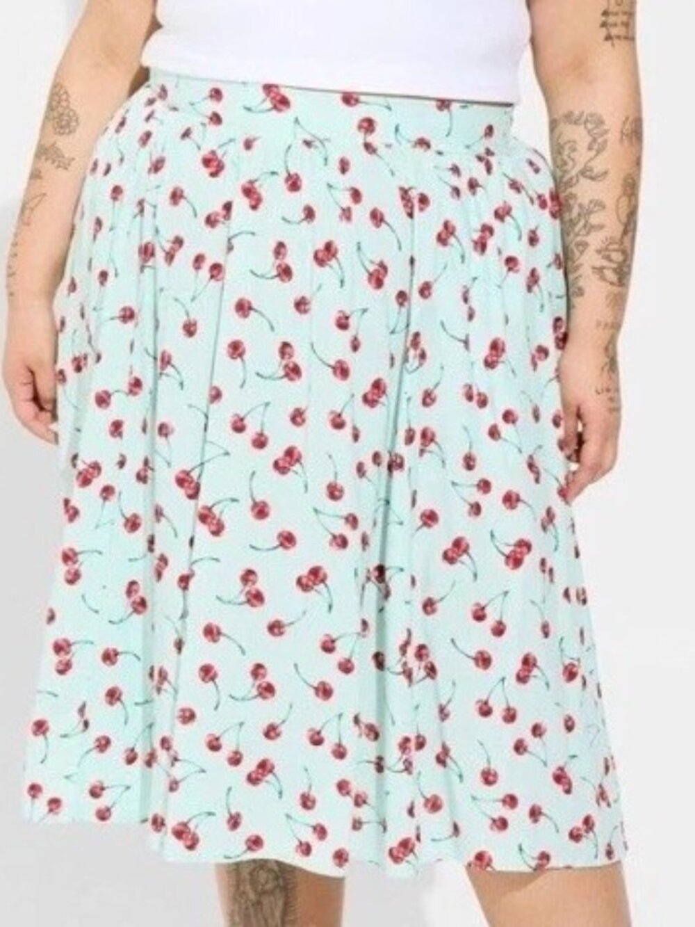 Torrid Retro Chic Mint Cherry Print Midi Skirt Size 1 Pockets